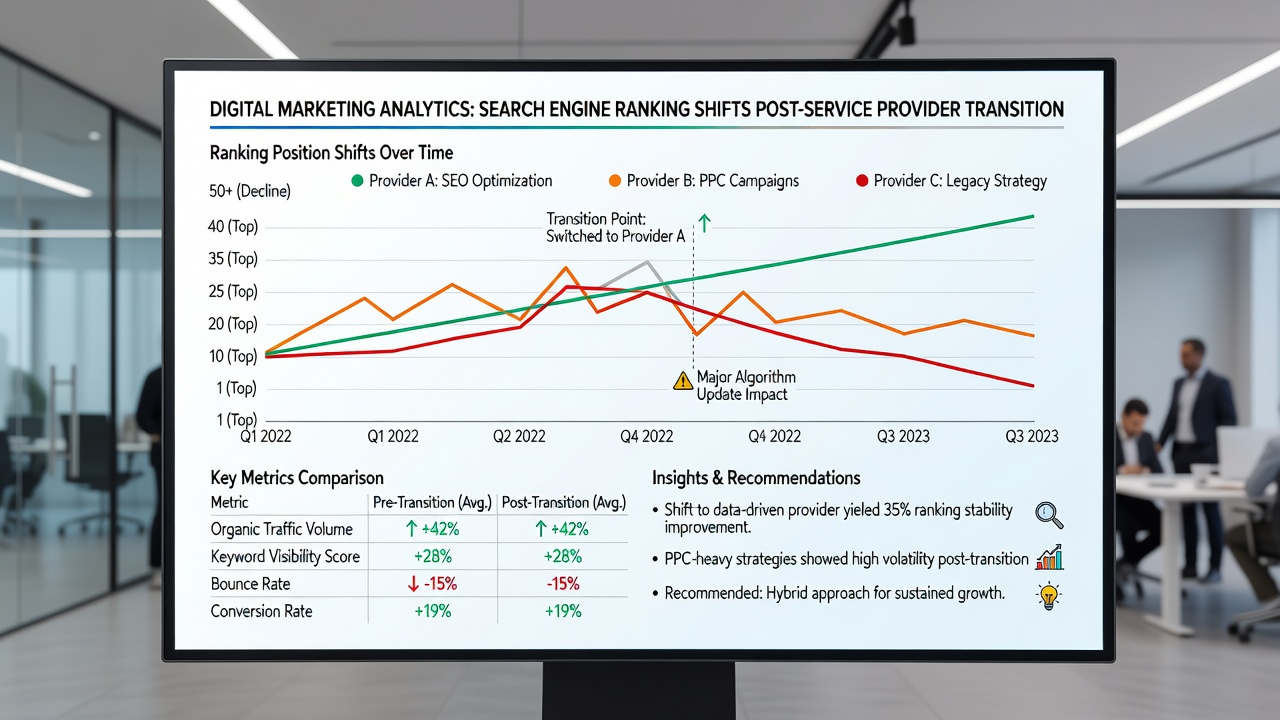 Timeline chart of ranking shifts during service provider transitions in late 2026